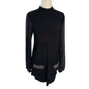 Inc Black Tunic Sweater Dress Sheer Sleeves Mock Turtleneck Front Pocket…